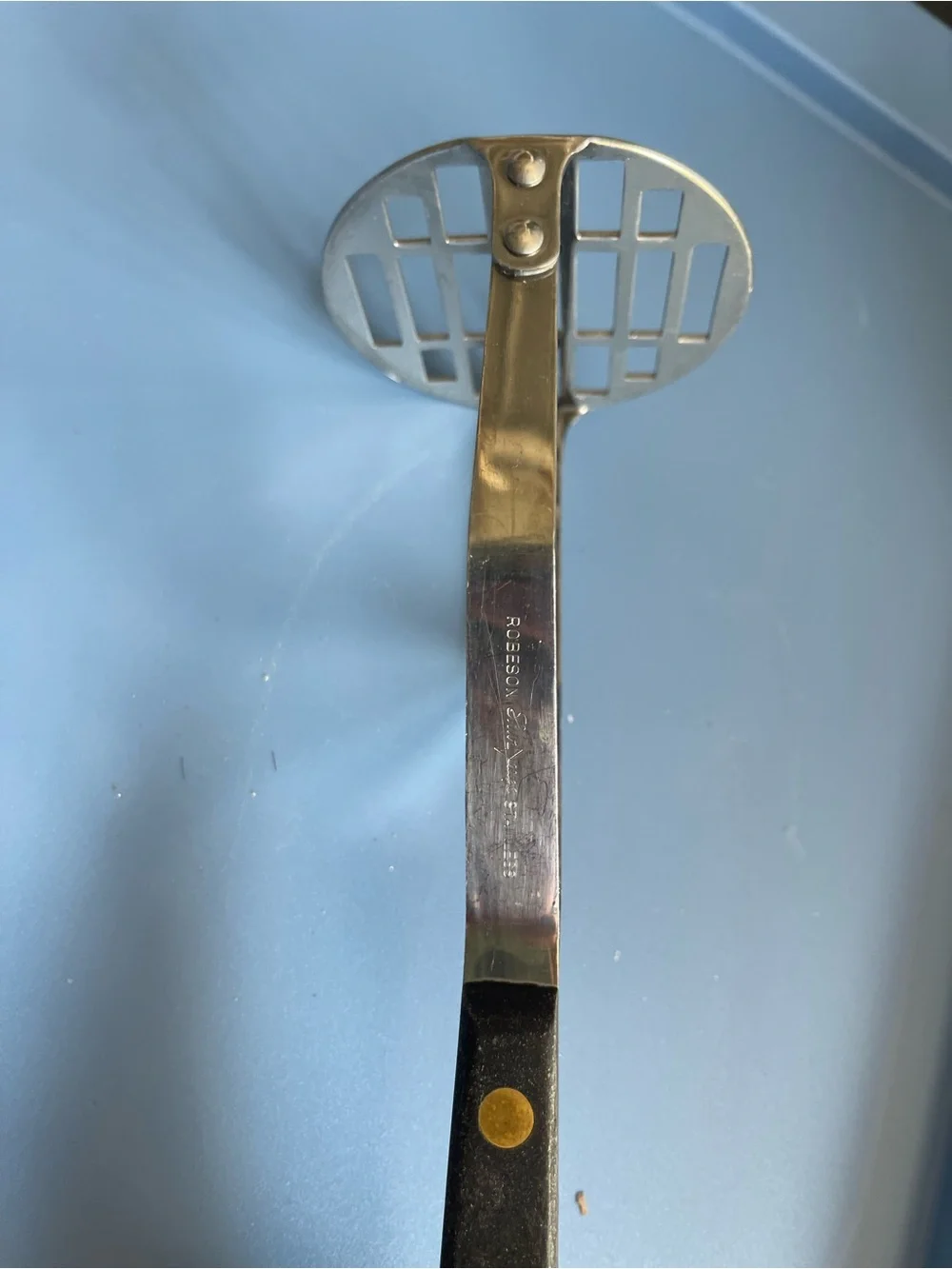 Vintage Flint Arrowhead- USA Stainless Vanadium Masher with Wood Handle 9.25